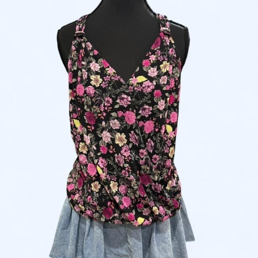 Sheer black floral Y2K halter blouse‎ with hot pink roses and flowy high-low hem